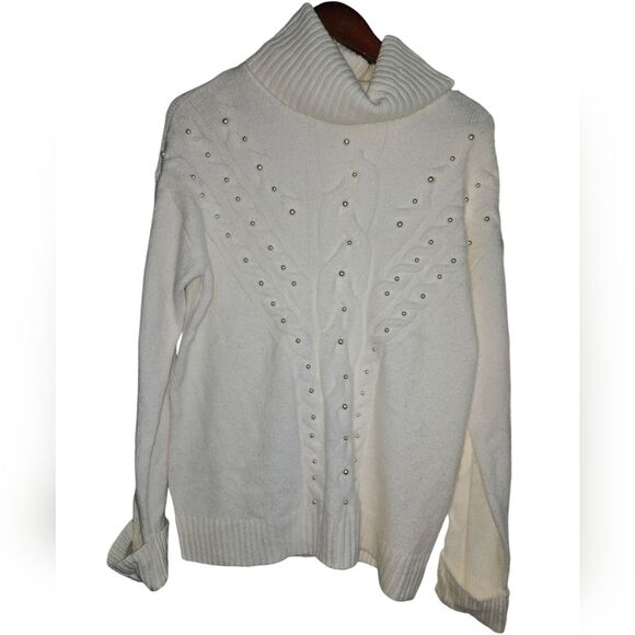 Charter Club White Soft Pearl Embellished Turtleneck Fisherman's Sweater L Large - Picture 1 of 8